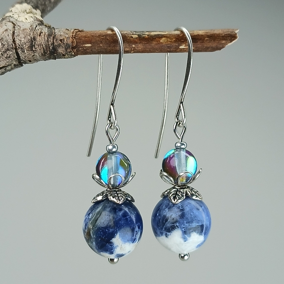 HAND CRAFTED Sodalite Blue Glass Silver Dangle Earrings - Picture 3 of 5
